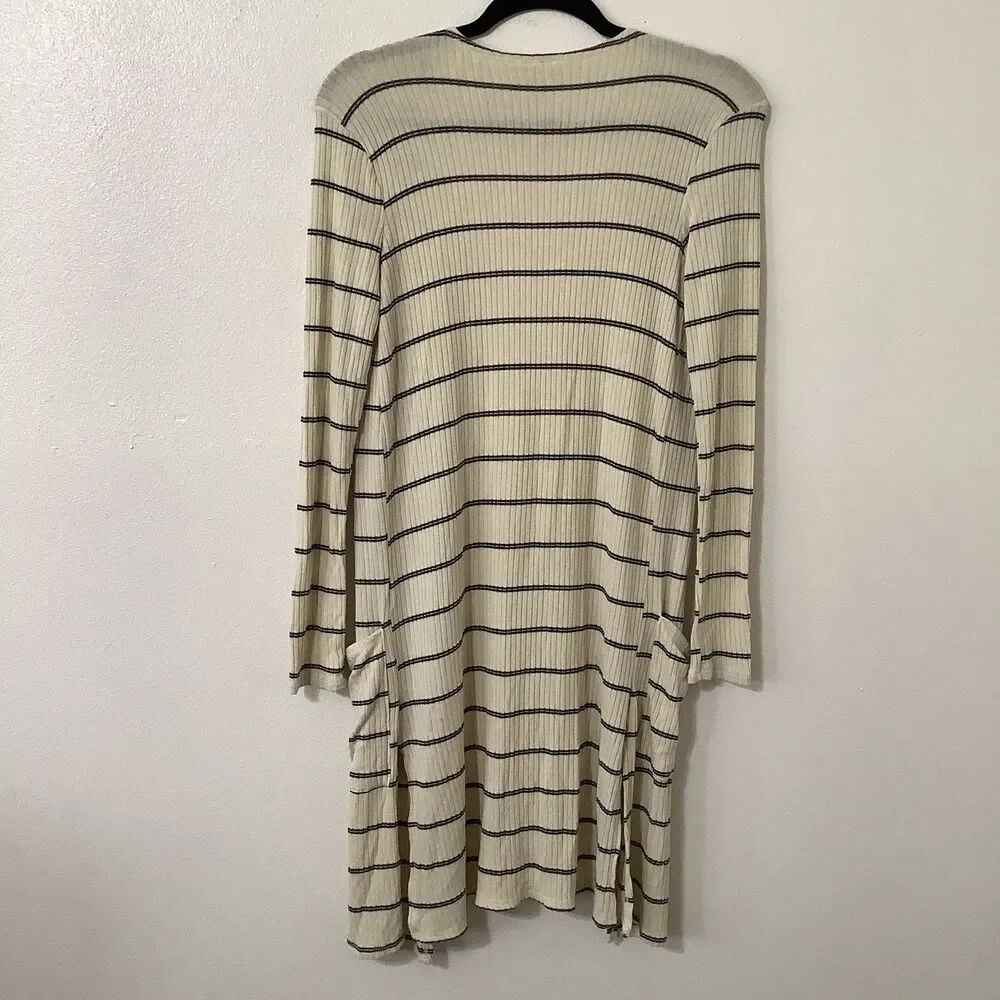 Daytrip Minimalist Chic‎ Cozycore Slouchy Striped Cream Long Open Cardigan Small